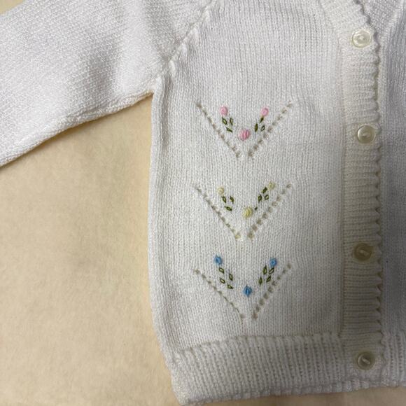 Vintage 90s Knit Cardigan Sweater Girls 6-9M White Pastel Floral Embroidered - Picture 3 of 7
